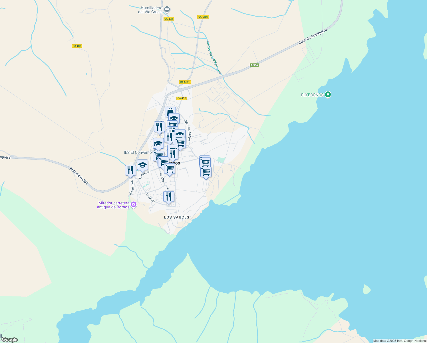 map of restaurants, bars, coffee shops, grocery stores, and more near Calle Granada in Cádiz