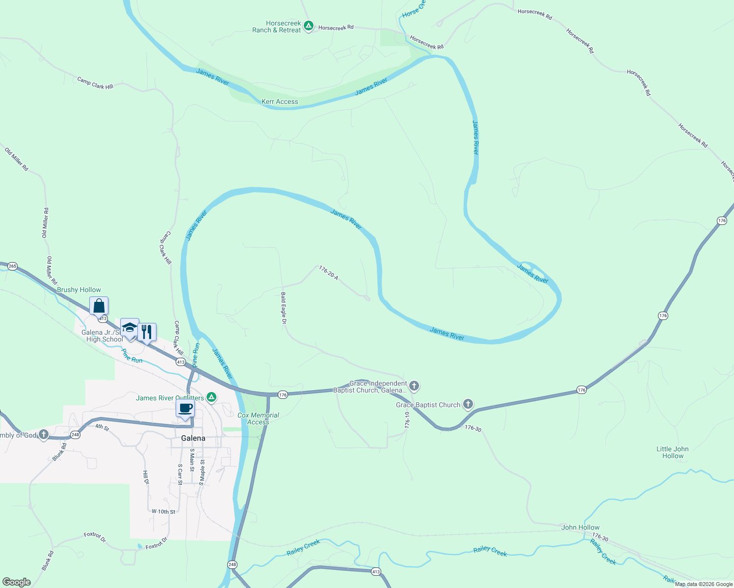 map of restaurants, bars, coffee shops, grocery stores, and more near 605 Baker Hole Road in Galena