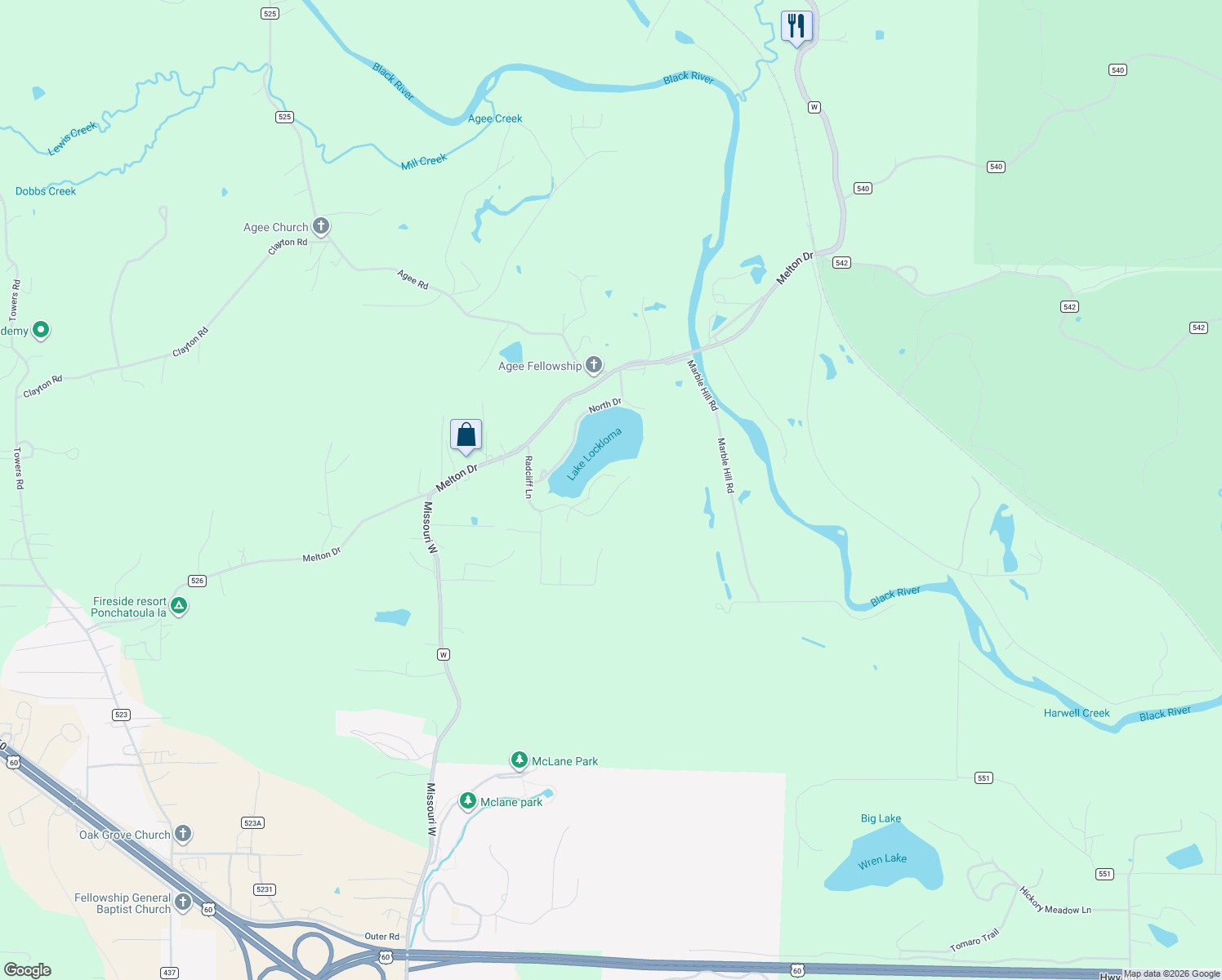 map of restaurants, bars, coffee shops, grocery stores, and more near 159 Rhinestone Lane in Poplar Bluff