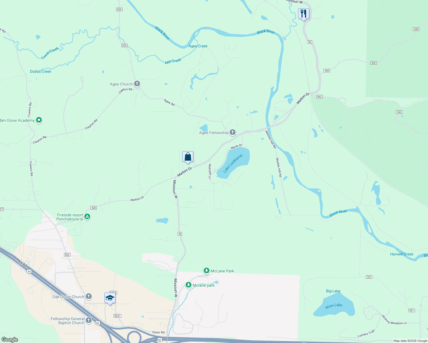 map of restaurants, bars, coffee shops, grocery stores, and more near 31 North Drive in Poplar Bluff