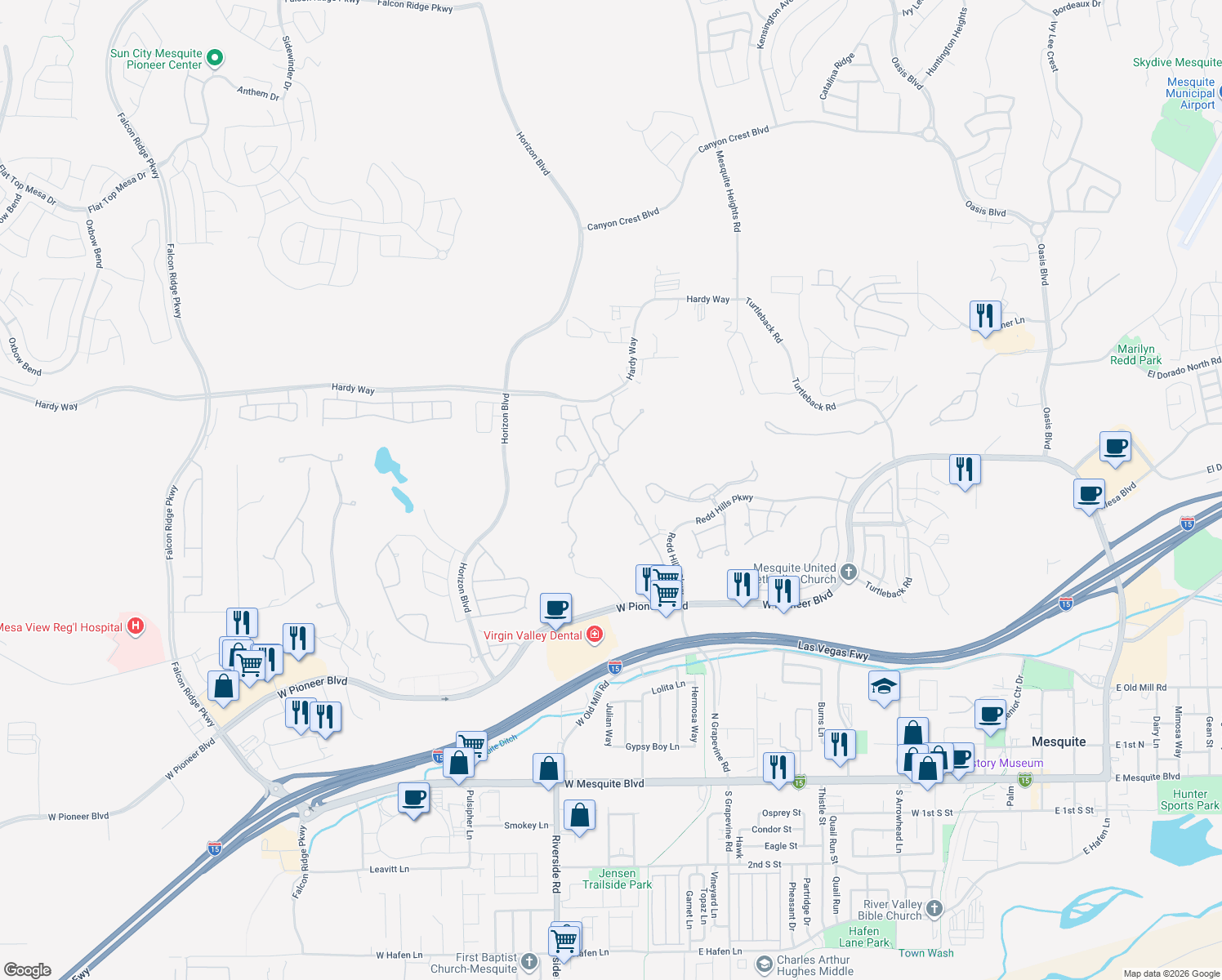 map of restaurants, bars, coffee shops, grocery stores, and more near 565 Greens Way in Mesquite