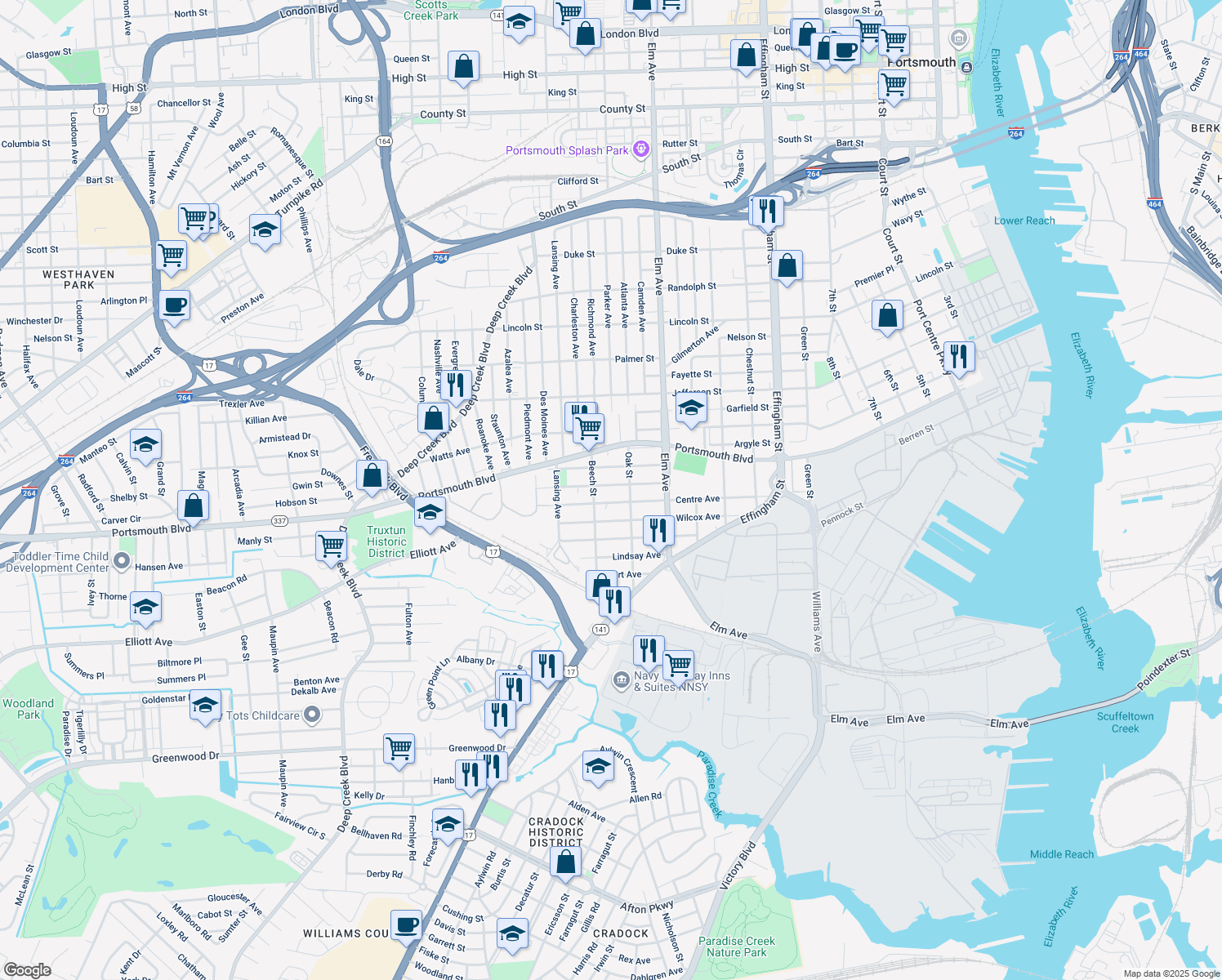 map of restaurants, bars, coffee shops, grocery stores, and more near 1401 Summit Avenue in Portsmouth