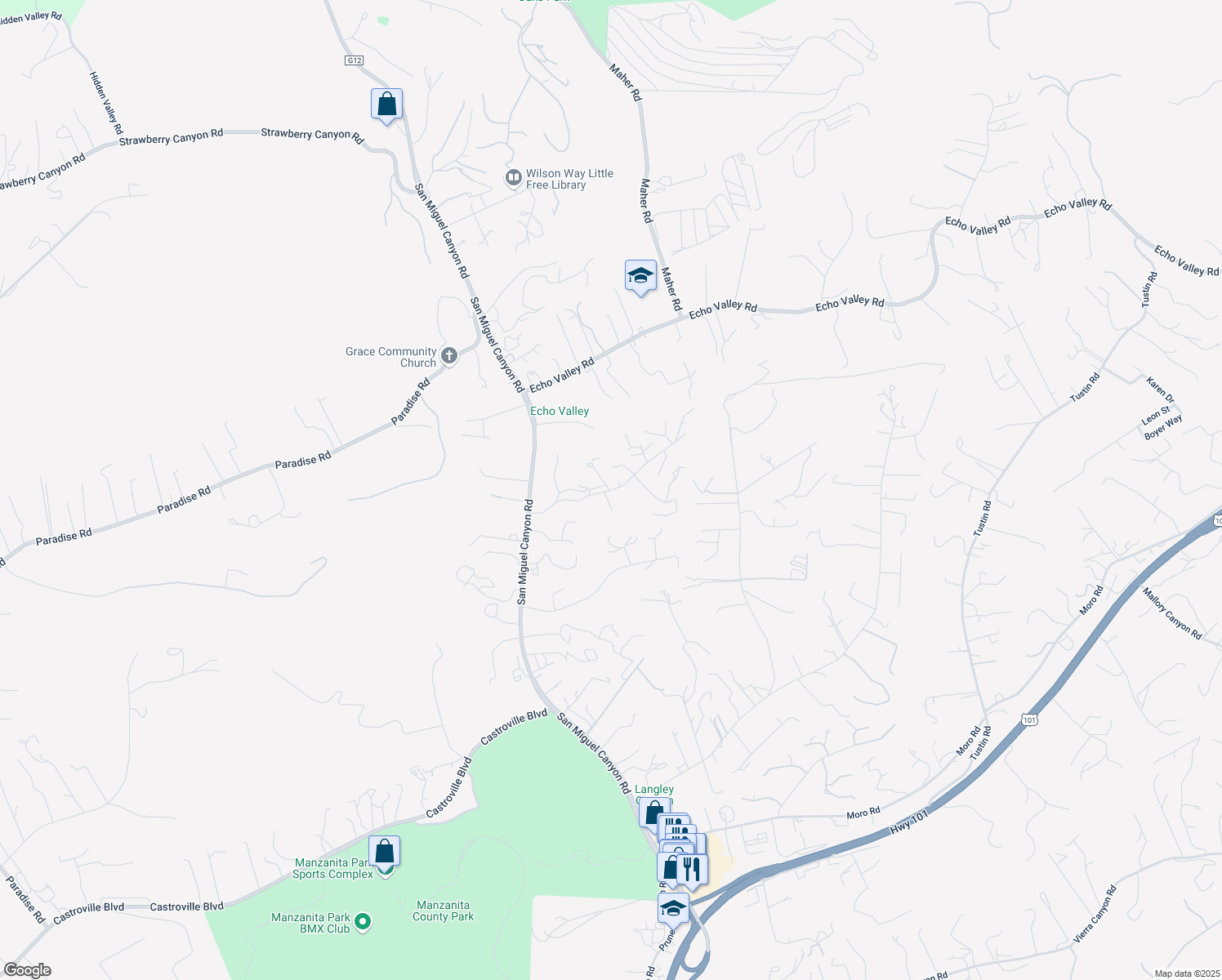 map of restaurants, bars, coffee shops, grocery stores, and more near 17758 Pond Derosa Lane in Prunedale