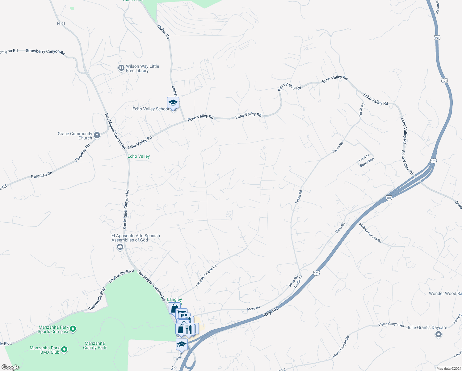 map of restaurants, bars, coffee shops, grocery stores, and more near 6641 Kim Ann Lane in Salinas