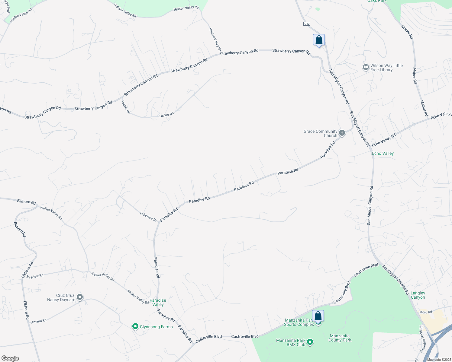 map of restaurants, bars, coffee shops, grocery stores, and more near 489 Paradise Road in Salinas