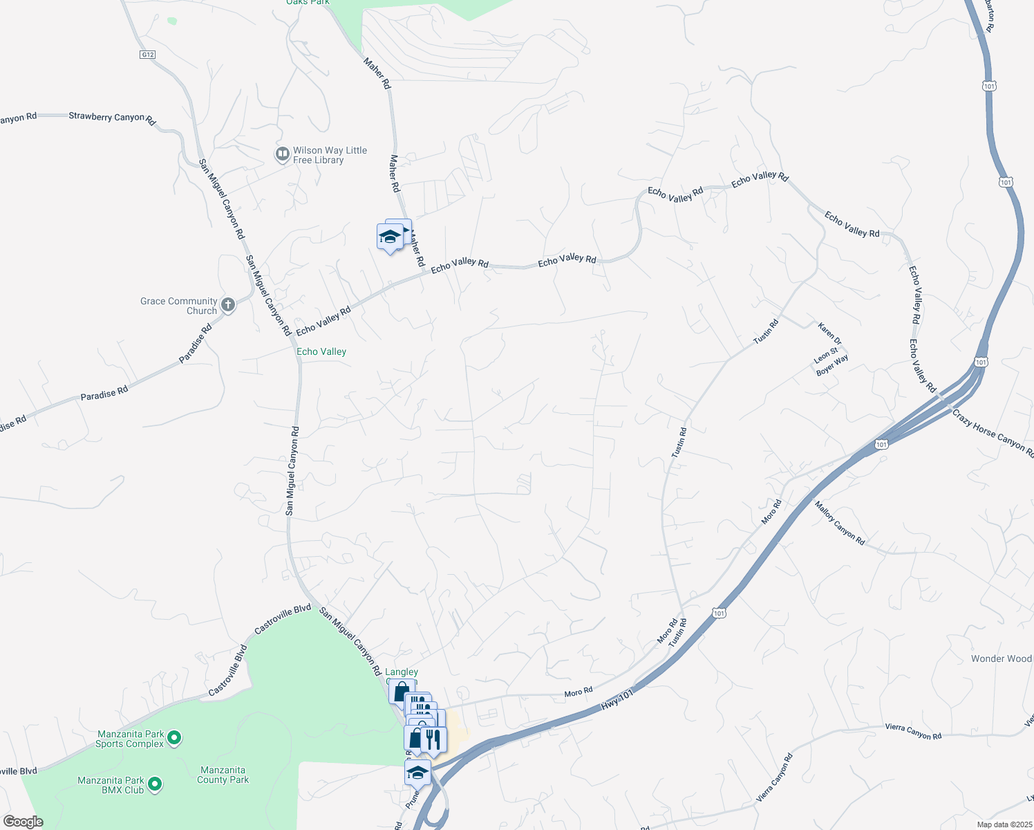 map of restaurants, bars, coffee shops, grocery stores, and more near 6640 Kim Ann Lane in Salinas