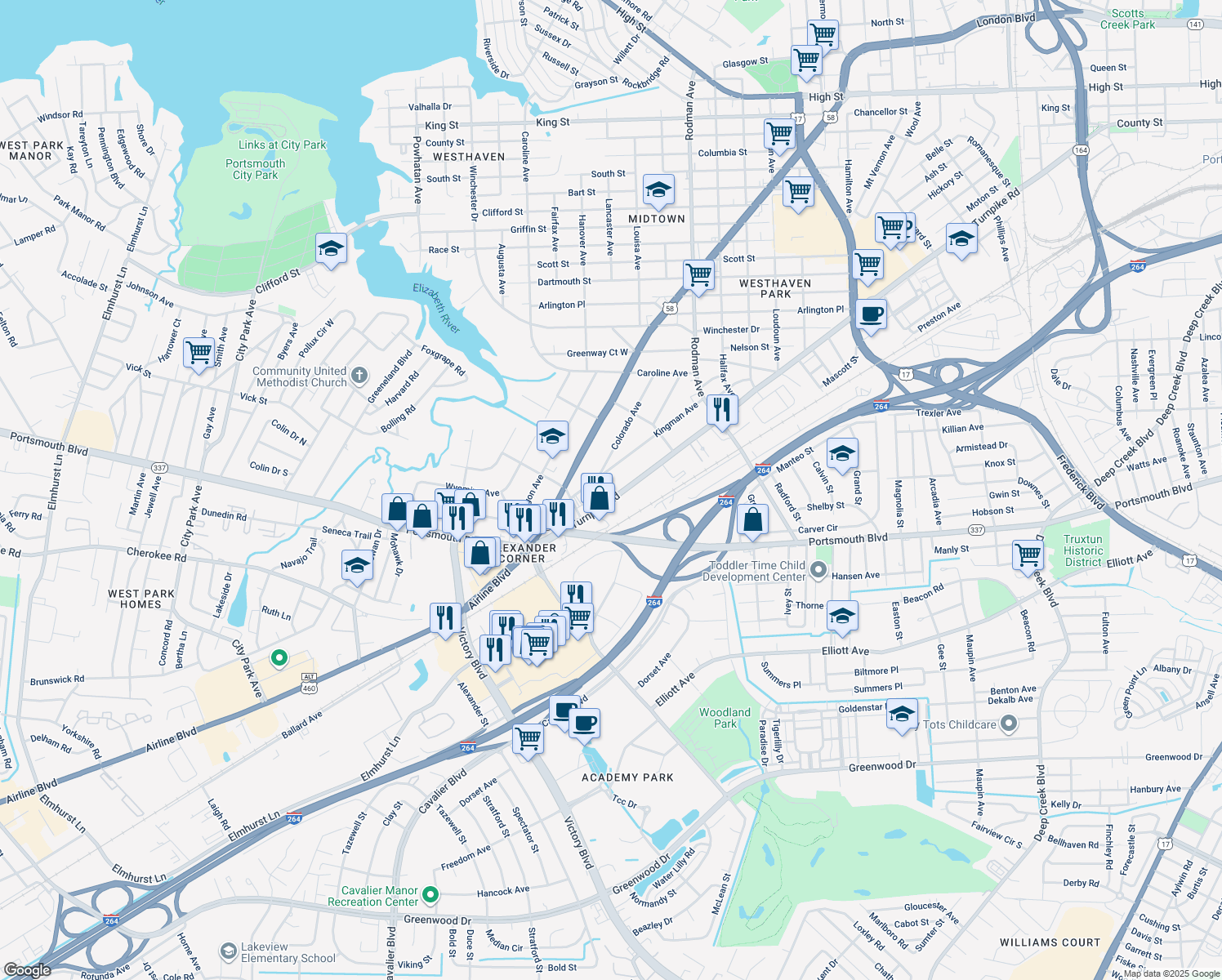 map of restaurants, bars, coffee shops, grocery stores, and more near 3920 Turnpike Road in Portsmouth
