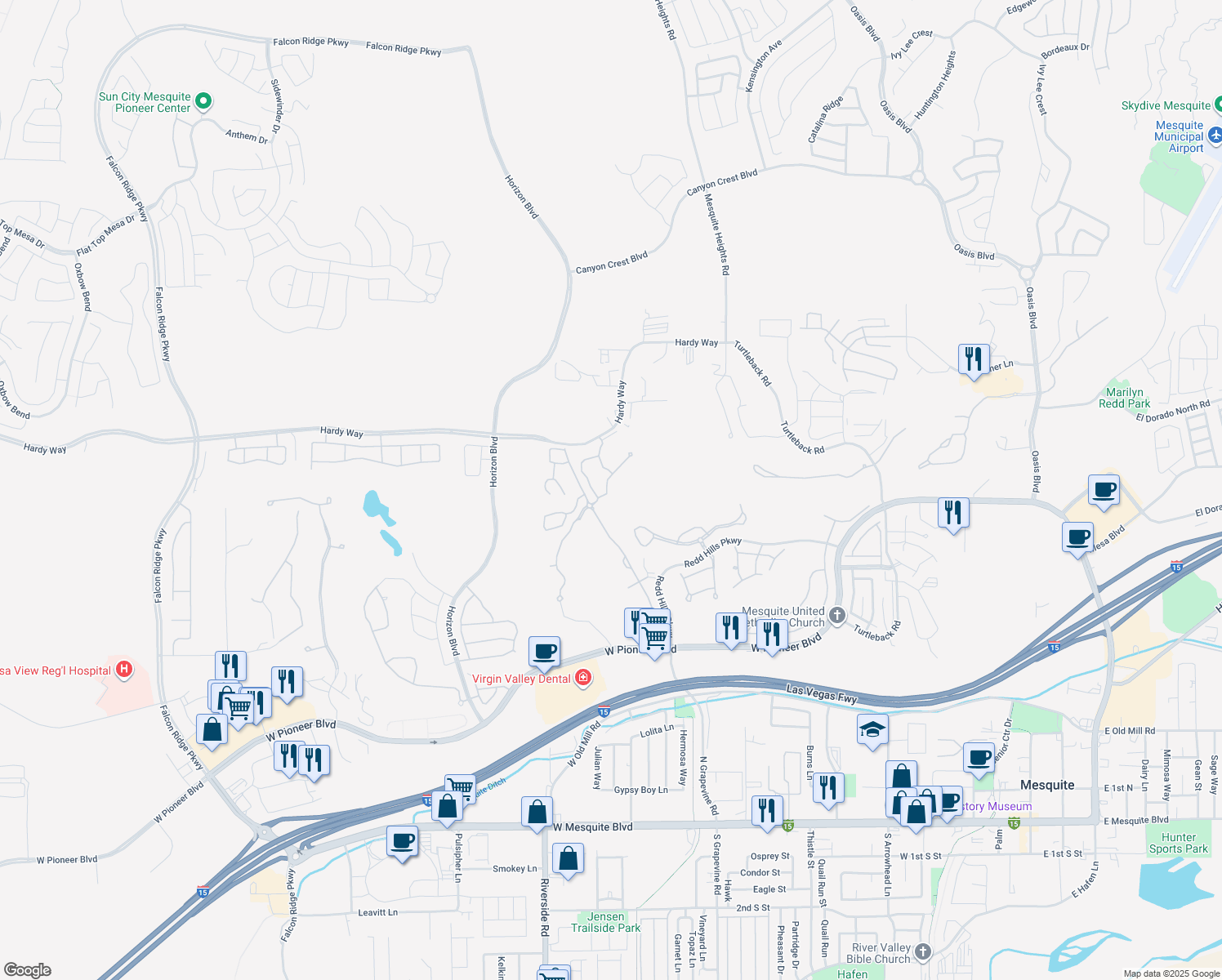 map of restaurants, bars, coffee shops, grocery stores, and more near 742 Hardy Way in Mesquite