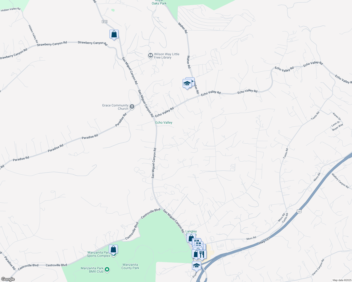 map of restaurants, bars, coffee shops, grocery stores, and more near 17551 Pond Derosa Lane in Salinas