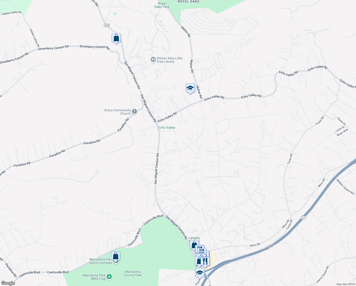 map of restaurants, bars, coffee shops, grocery stores, and more near 17551 Pond Derosa Lane in Salinas