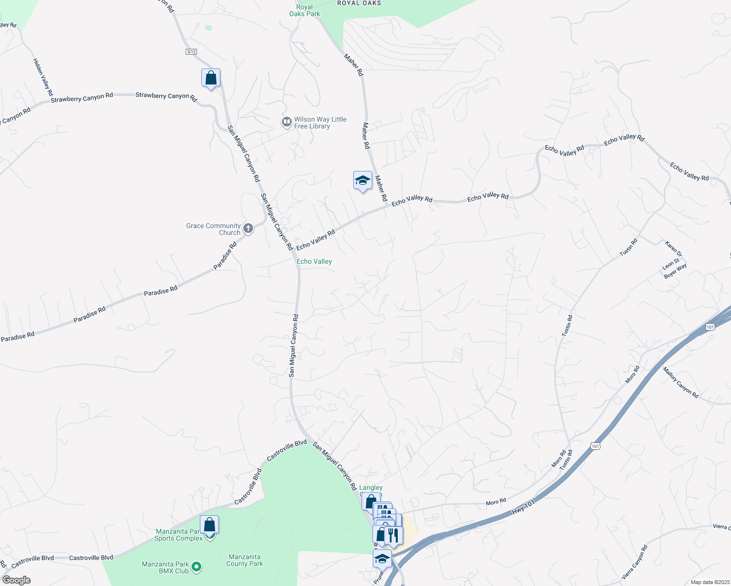 map of restaurants, bars, coffee shops, grocery stores, and more near 17758-17998 Pond Derosa Ln in Prunedale