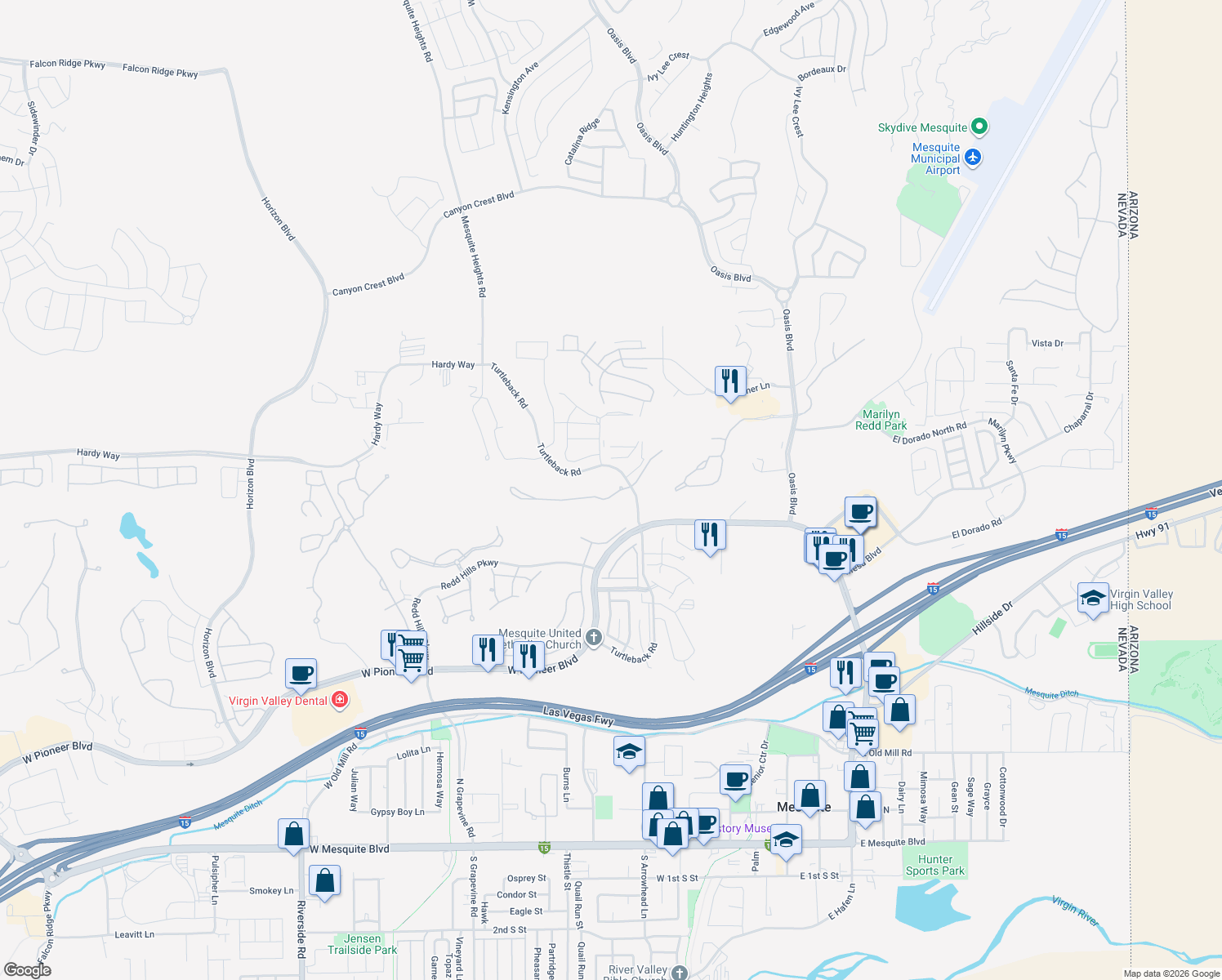 map of restaurants, bars, coffee shops, grocery stores, and more near 413 Via Ventana Drive in Mesquite