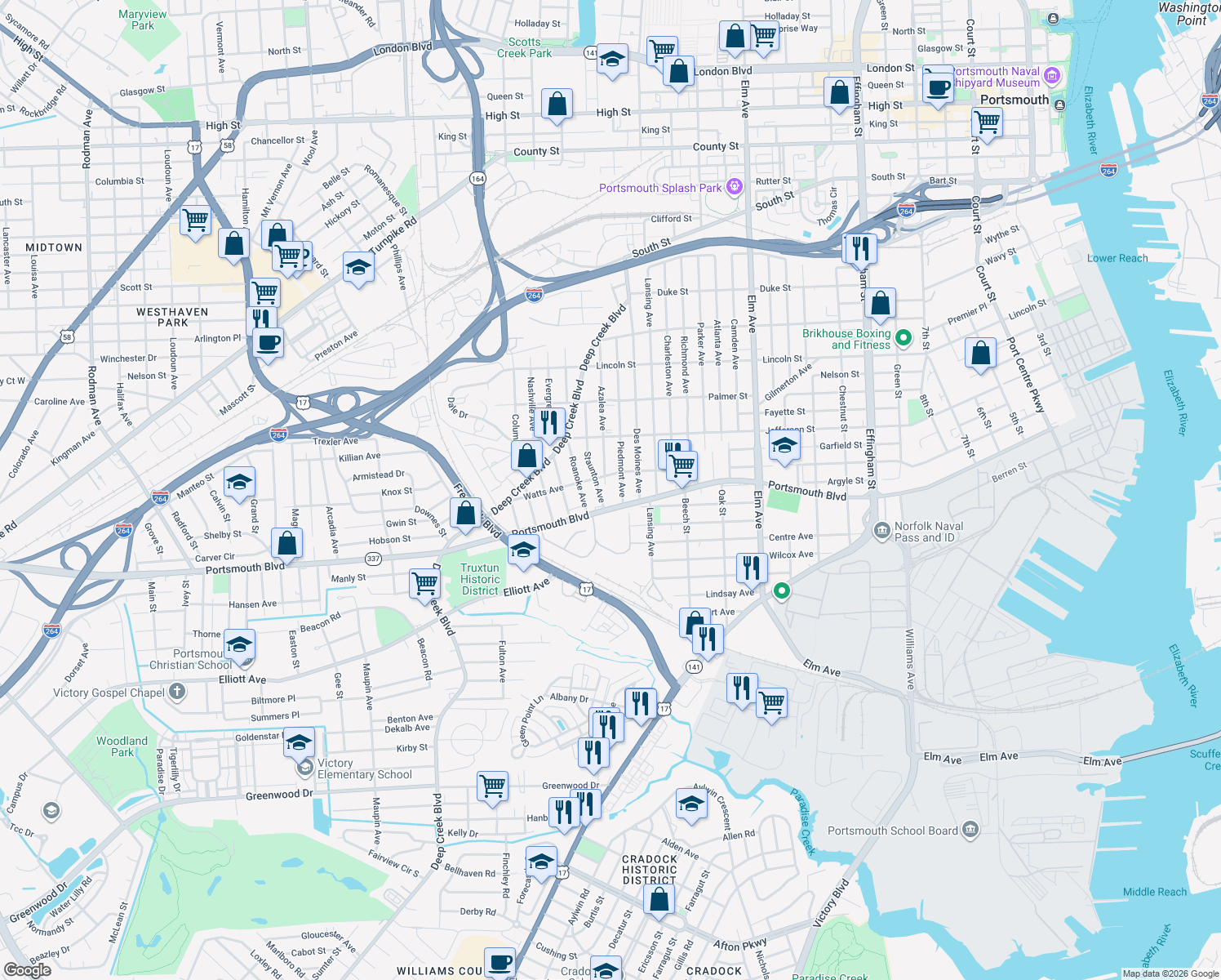 map of restaurants, bars, coffee shops, grocery stores, and more near 2511 Azalea Avenue in Portsmouth