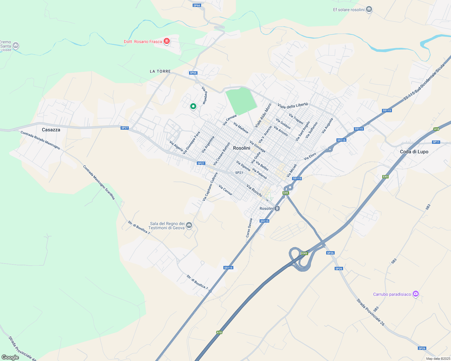 map of restaurants, bars, coffee shops, grocery stores, and more near 15 Via Antonello in Rosolini