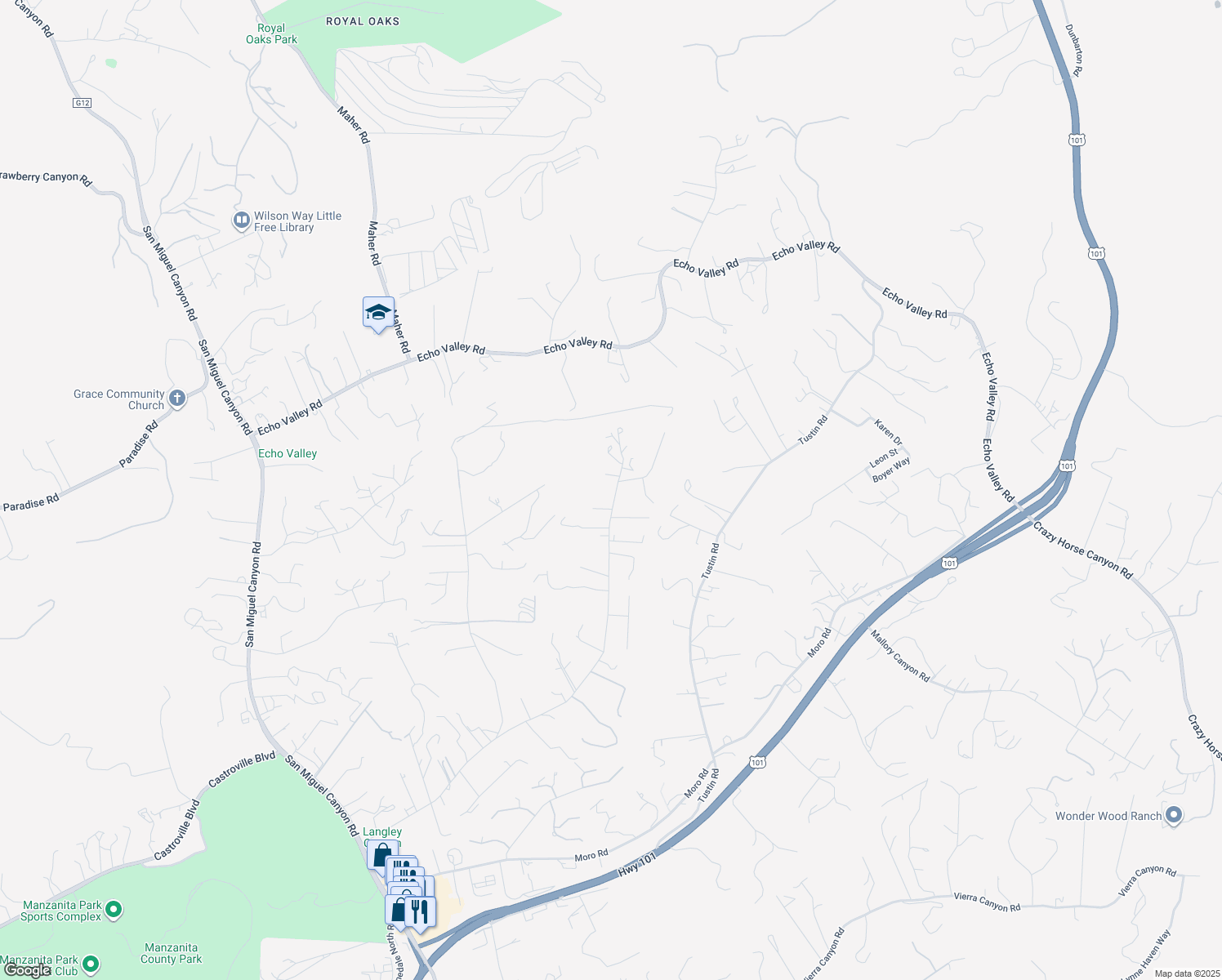 map of restaurants, bars, coffee shops, grocery stores, and more near 6760 Langley Canyon Road in Salinas