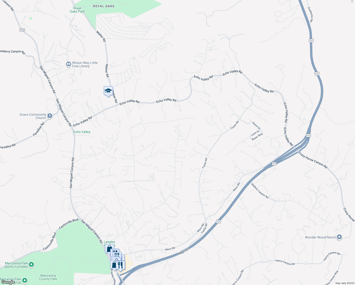 map of restaurants, bars, coffee shops, grocery stores, and more near 6760 Langley Canyon Road in Salinas