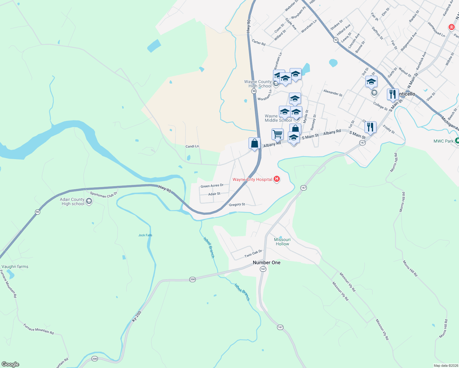 map of restaurants, bars, coffee shops, grocery stores, and more near 148 Branch Road in Monticello