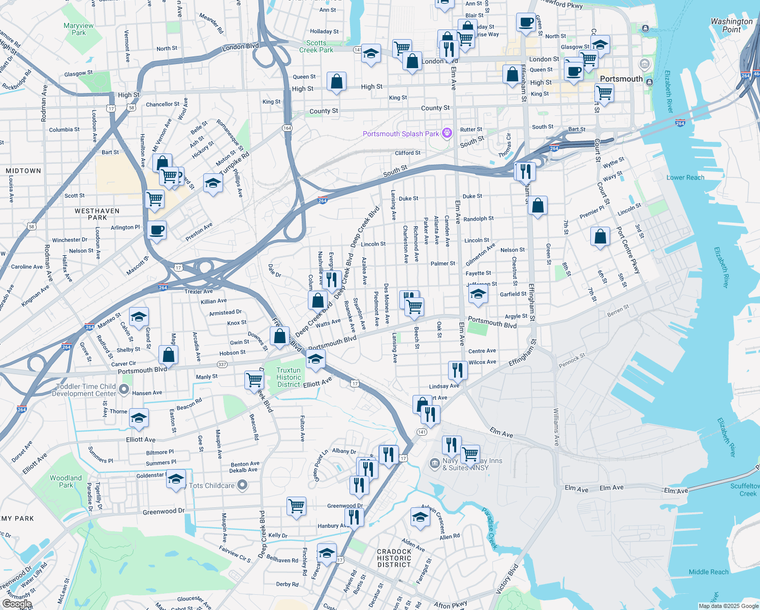 map of restaurants, bars, coffee shops, grocery stores, and more near 2411 Piedmont Avenue in Portsmouth