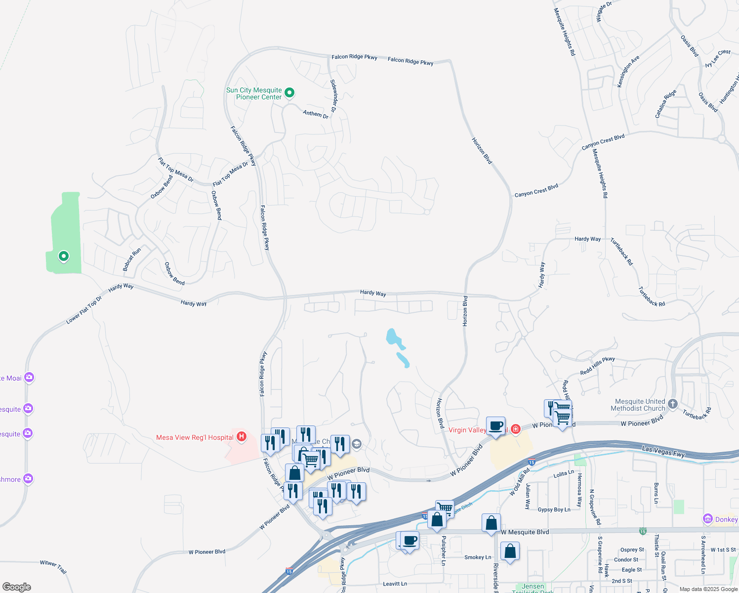 map of restaurants, bars, coffee shops, grocery stores, and more near 1053 Atkins Lane in Mesquite