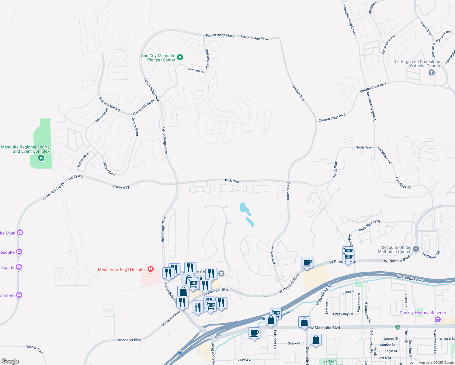 map of restaurants, bars, coffee shops, grocery stores, and more near 1053 Atkins Lane in Mesquite