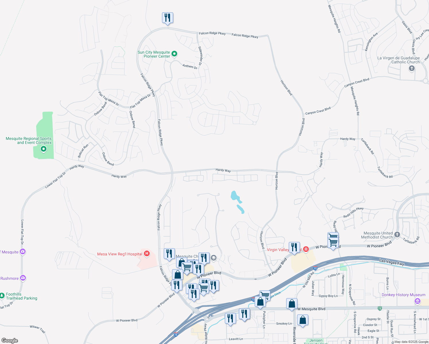 map of restaurants, bars, coffee shops, grocery stores, and more near 1065 Atkins Lane in Mesquite