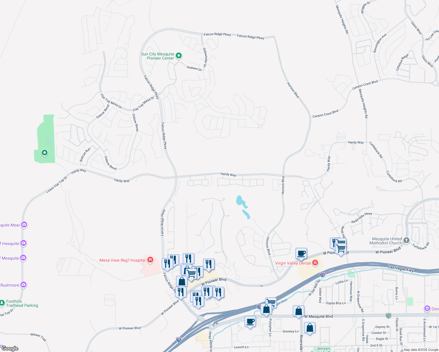 map of restaurants, bars, coffee shops, grocery stores, and more near 1065 Atkins Lane in Mesquite