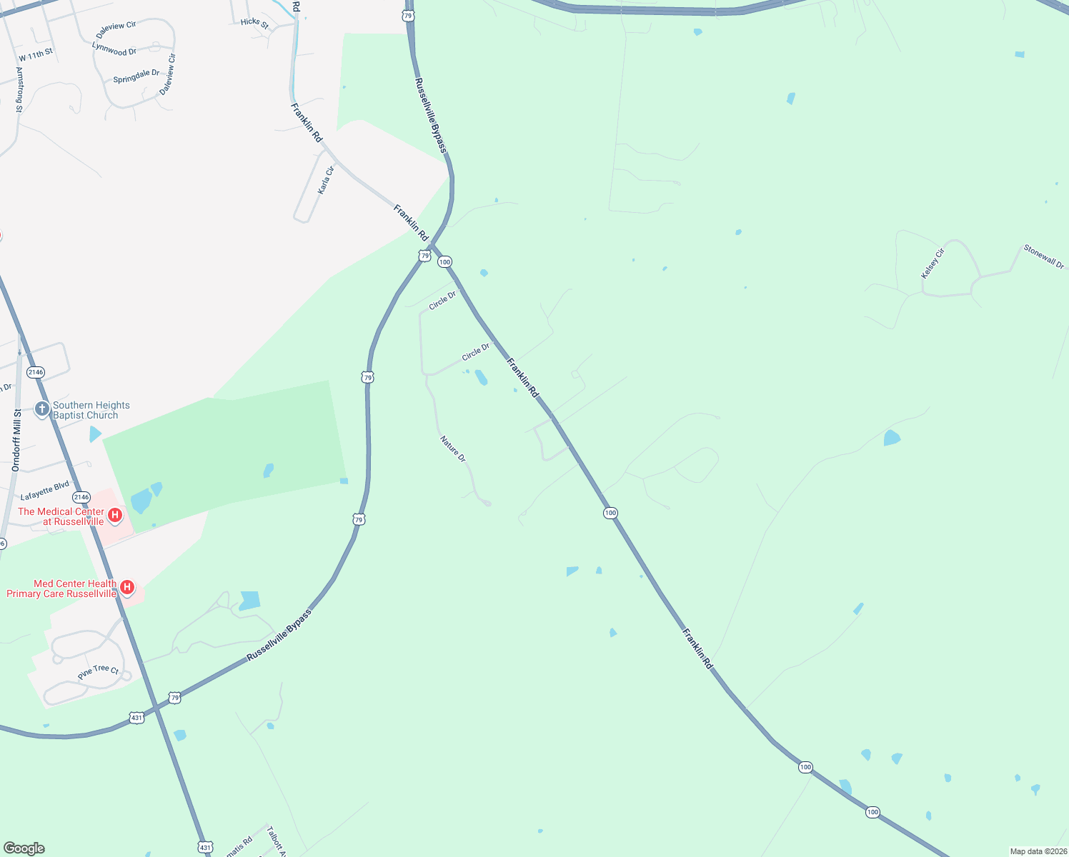 map of restaurants, bars, coffee shops, grocery stores, and more near 215 Foxglove Cir in Russellville