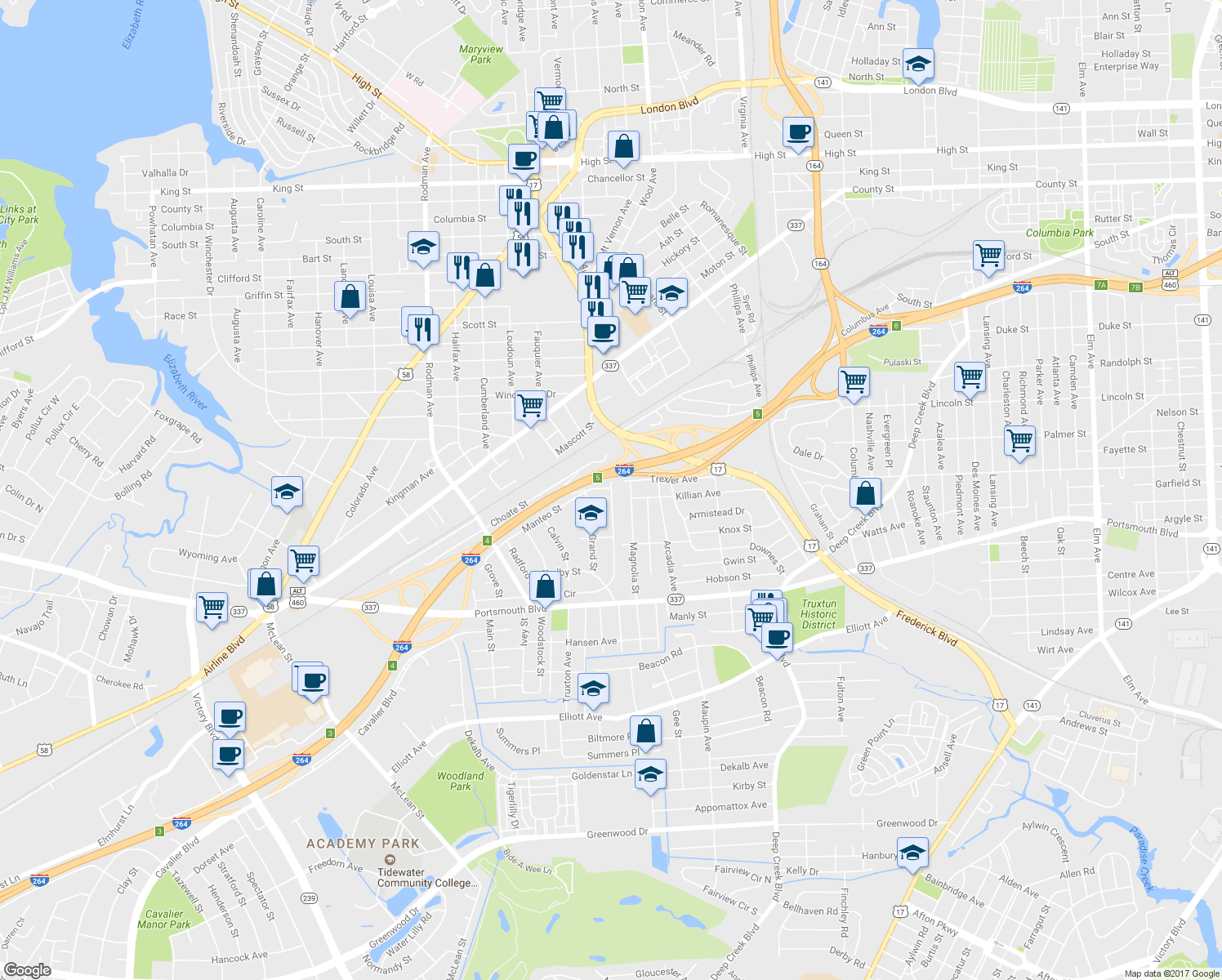 map of restaurants, bars, coffee shops, grocery stores, and more near 347 Carver Cir in Portsmouth