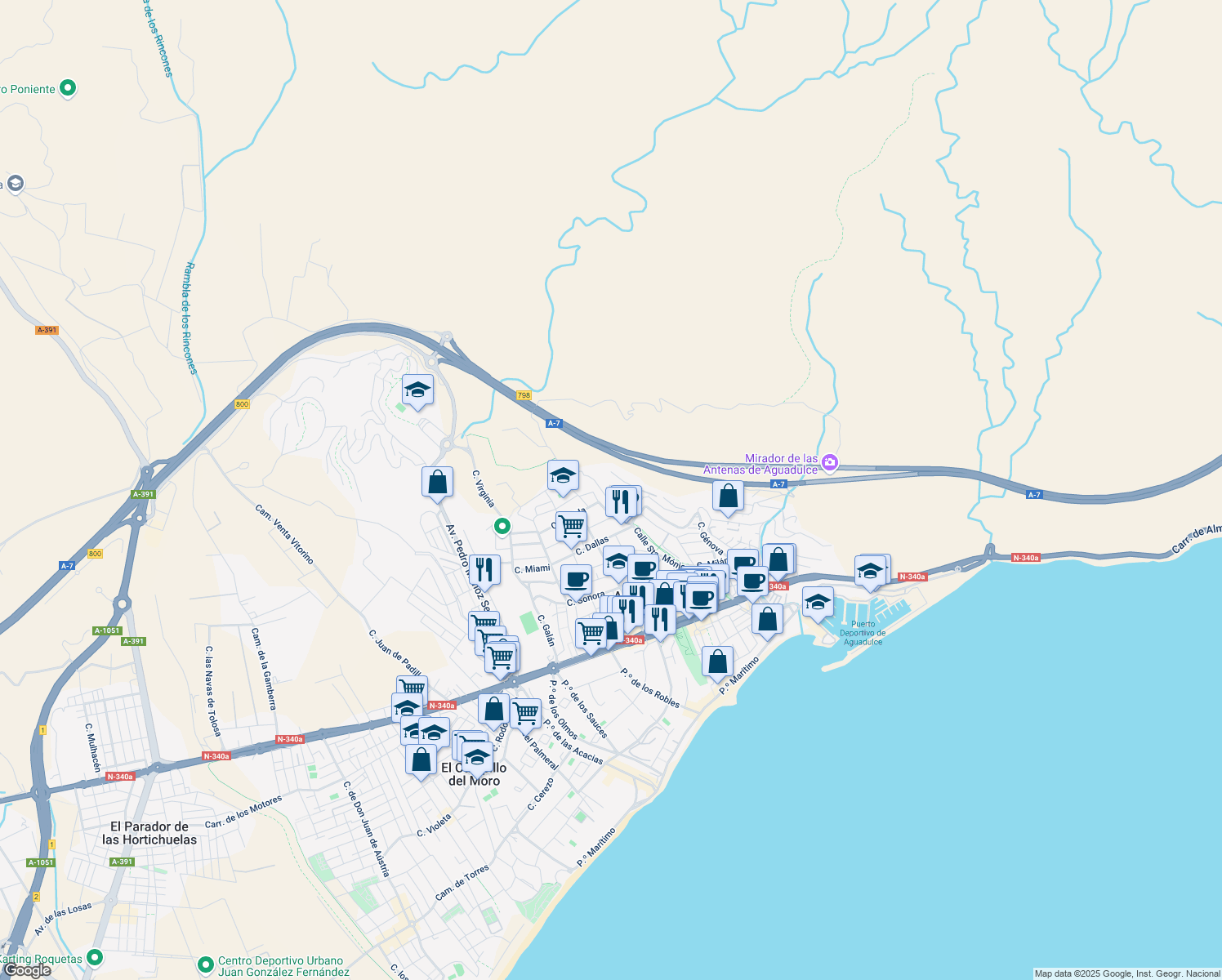 map of restaurants, bars, coffee shops, grocery stores, and more near 1M Calle Catania in Aguadulce