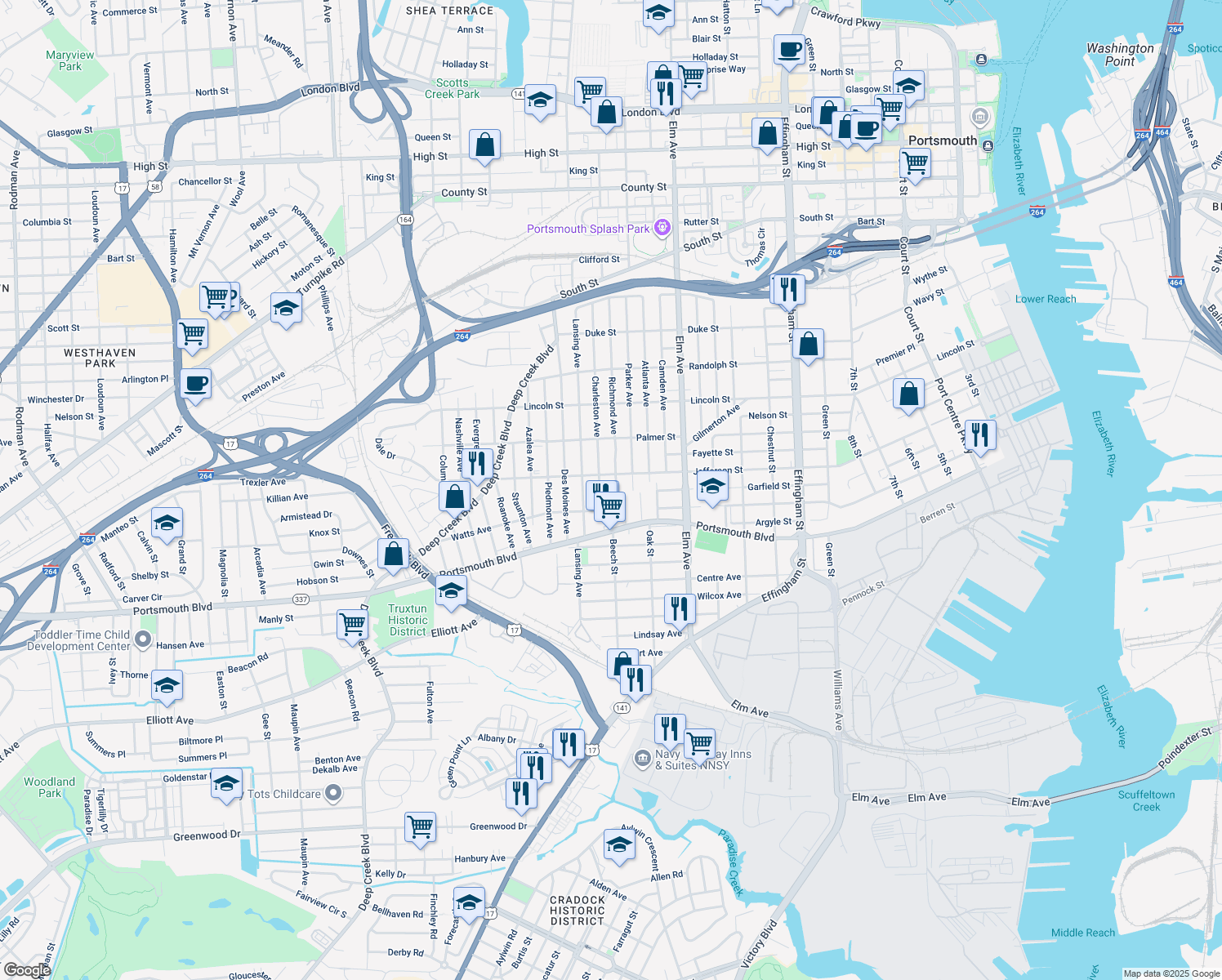 map of restaurants, bars, coffee shops, grocery stores, and more near 2316 Richmond Ave in Portsmouth