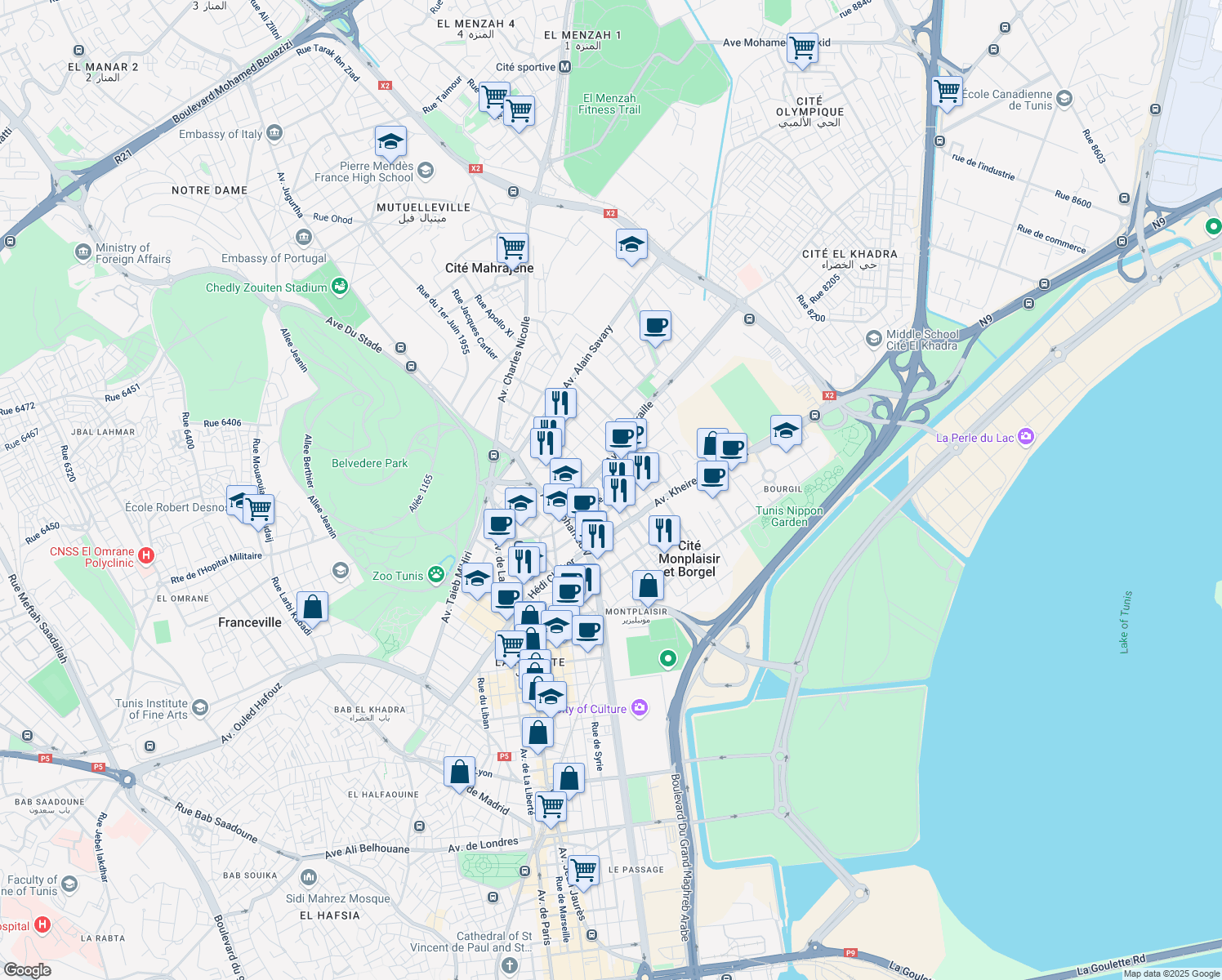 map of restaurants, bars, coffee shops, grocery stores, and more near Rue du Niger in Tunis
