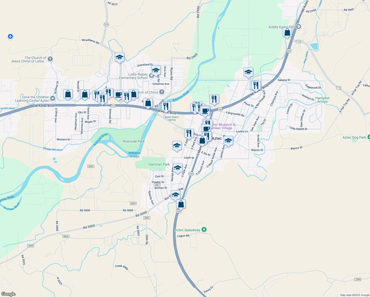 map of restaurants, bars, coffee shops, grocery stores, and more near 399 South Ash Street in Aztec