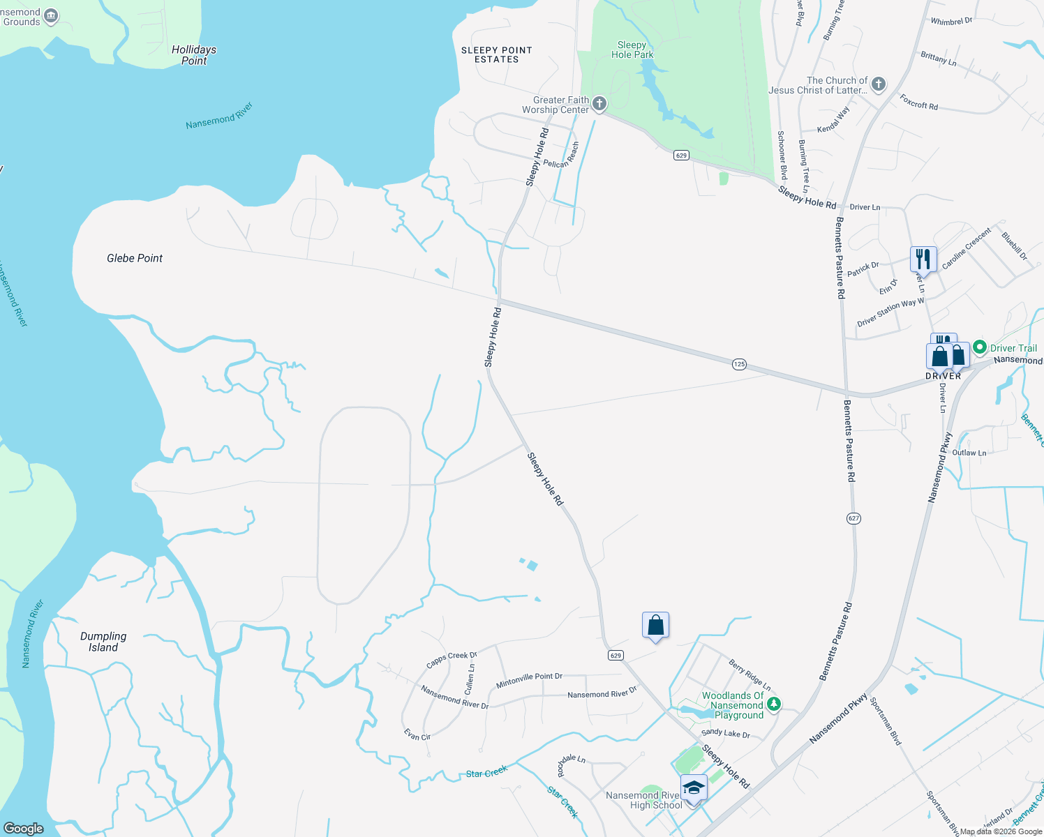 map of restaurants, bars, coffee shops, grocery stores, and more near 3934 Sleepy Hole Road in Suffolk