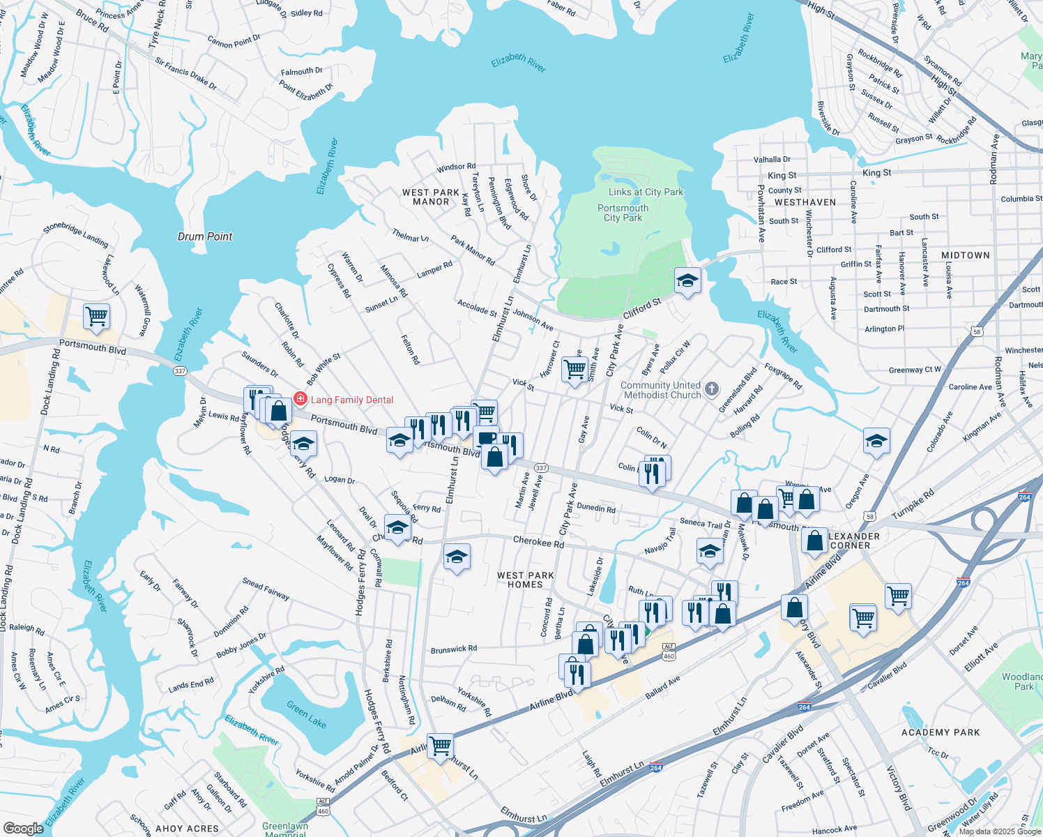 map of restaurants, bars, coffee shops, grocery stores, and more near 17 Maurice Avenue in Portsmouth