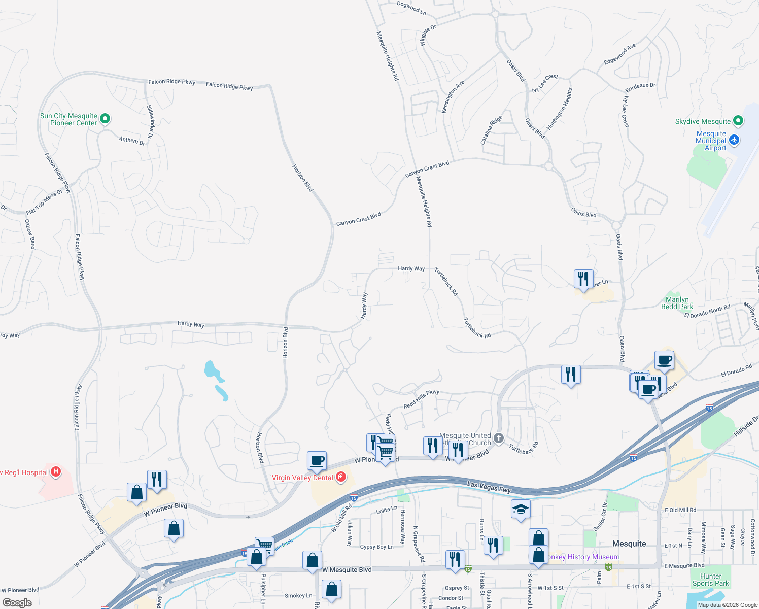 map of restaurants, bars, coffee shops, grocery stores, and more near 686 Mayan Circle in Mesquite