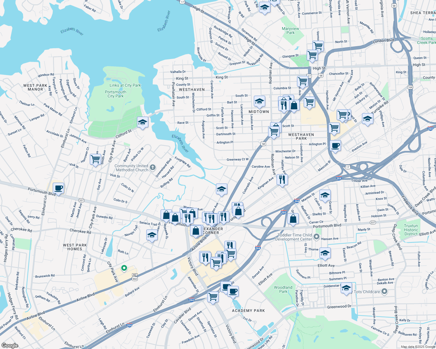 map of restaurants, bars, coffee shops, grocery stores, and more near 308 Arizona St in Portsmouth