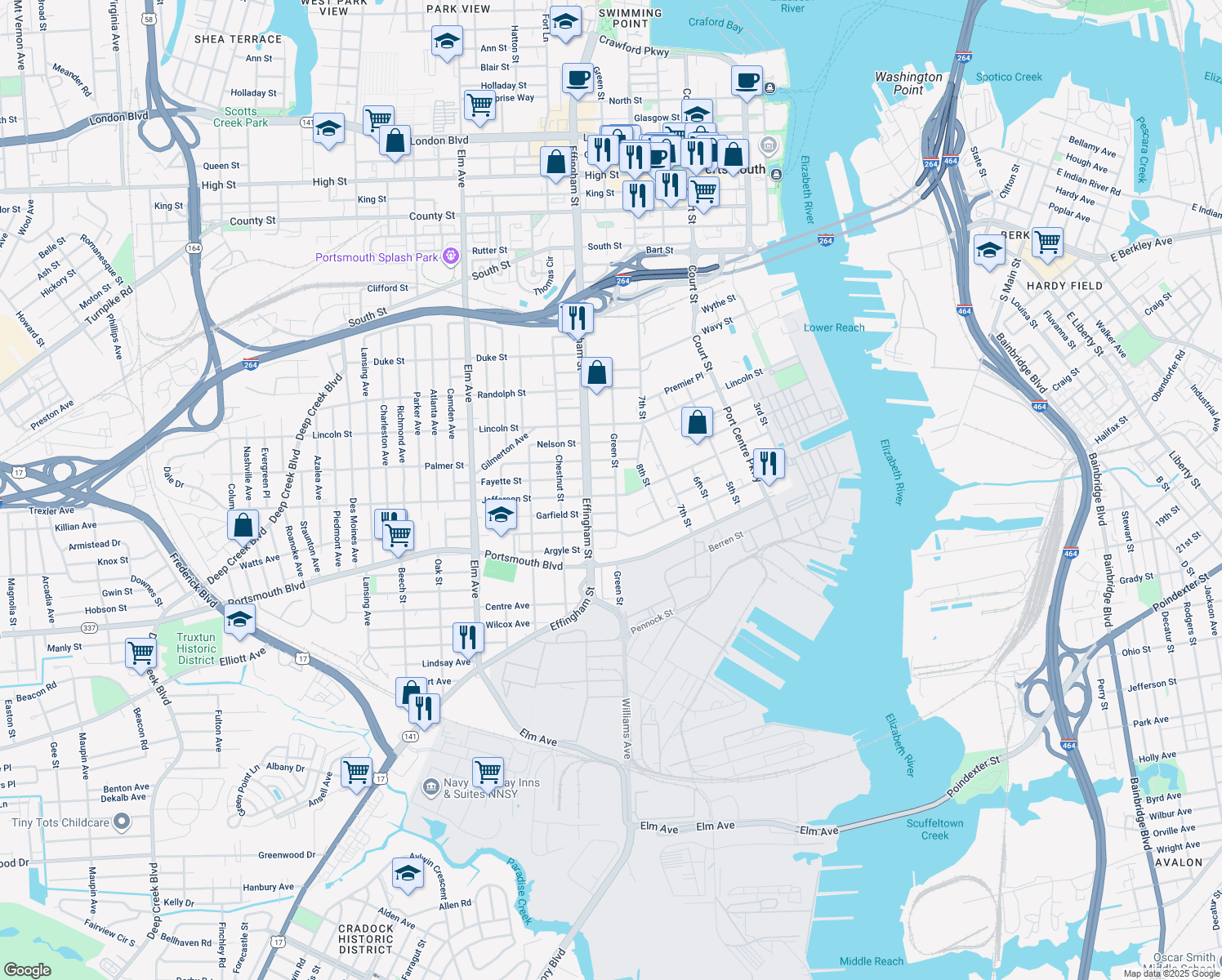 map of restaurants, bars, coffee shops, grocery stores, and more near 2224 Green St in Portsmouth