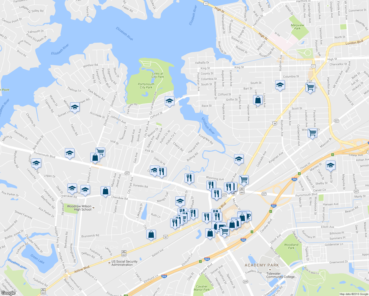 map of restaurants, bars, coffee shops, grocery stores, and more near 37 Greeneland Blvd in Portsmouth