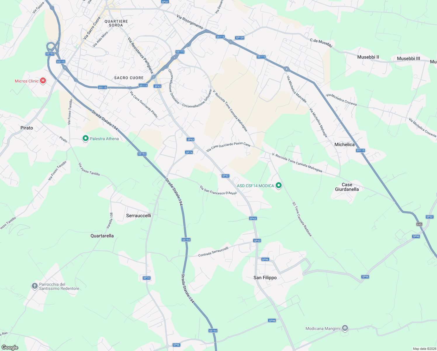 map of restaurants, bars, coffee shops, grocery stores, and more near 150 Via Sorda Sampieri in Libero consorzio comunale di Ragusa