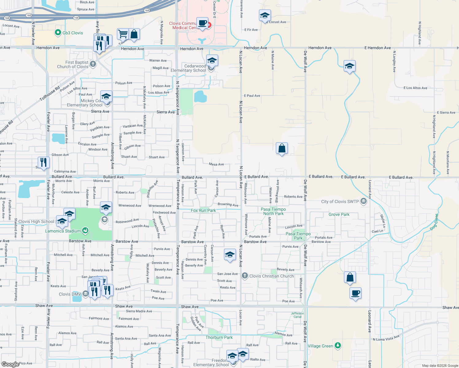 map of restaurants, bars, coffee shops, grocery stores, and more near 2932 Morris Ave in Clovis