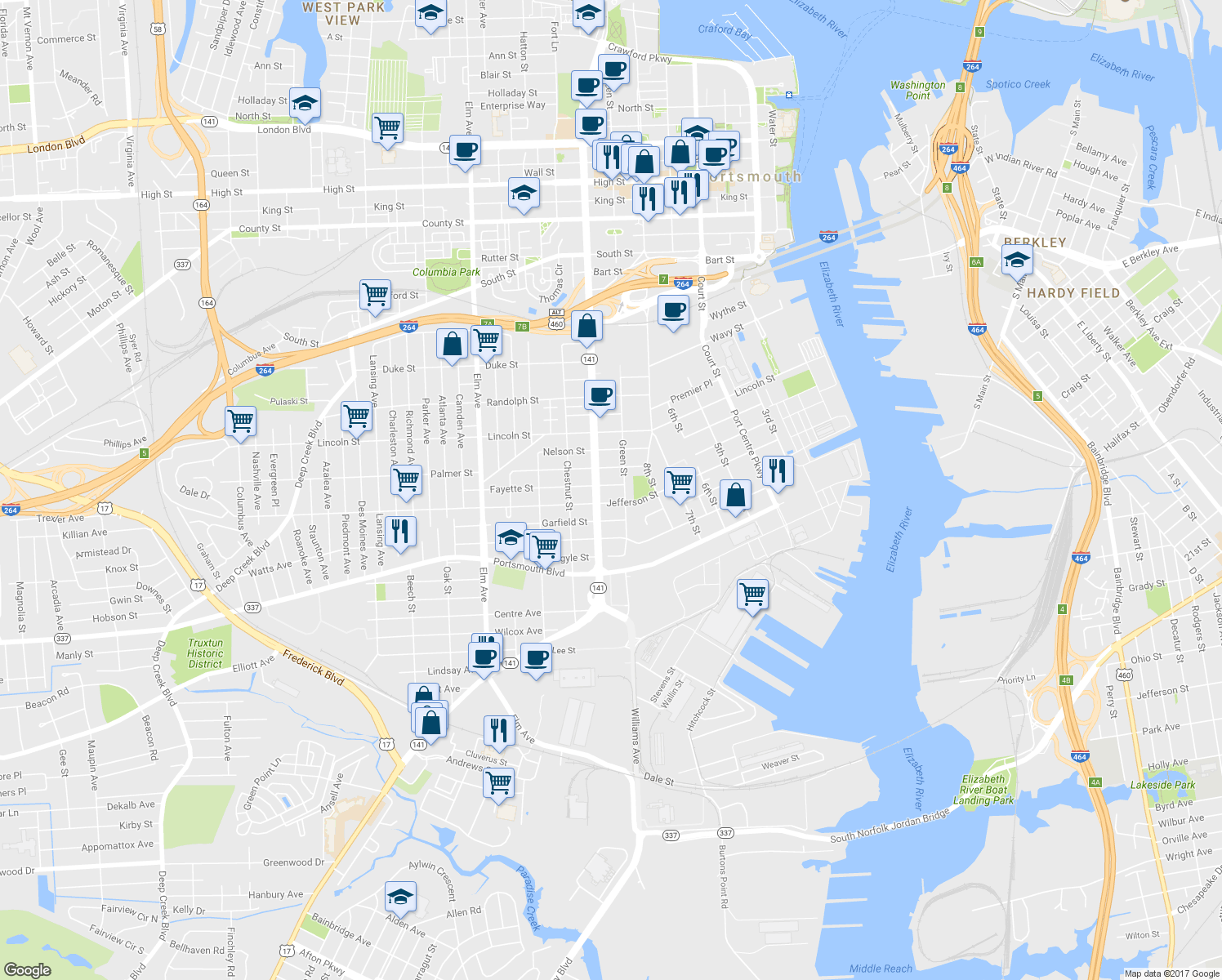 map of restaurants, bars, coffee shops, grocery stores, and more near 725 Fayette Street in Portsmouth