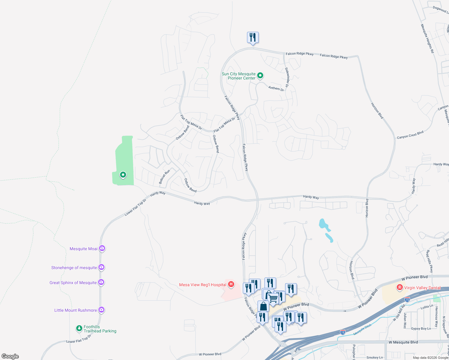 map of restaurants, bars, coffee shops, grocery stores, and more near 1325 Hardy Way in Mesquite