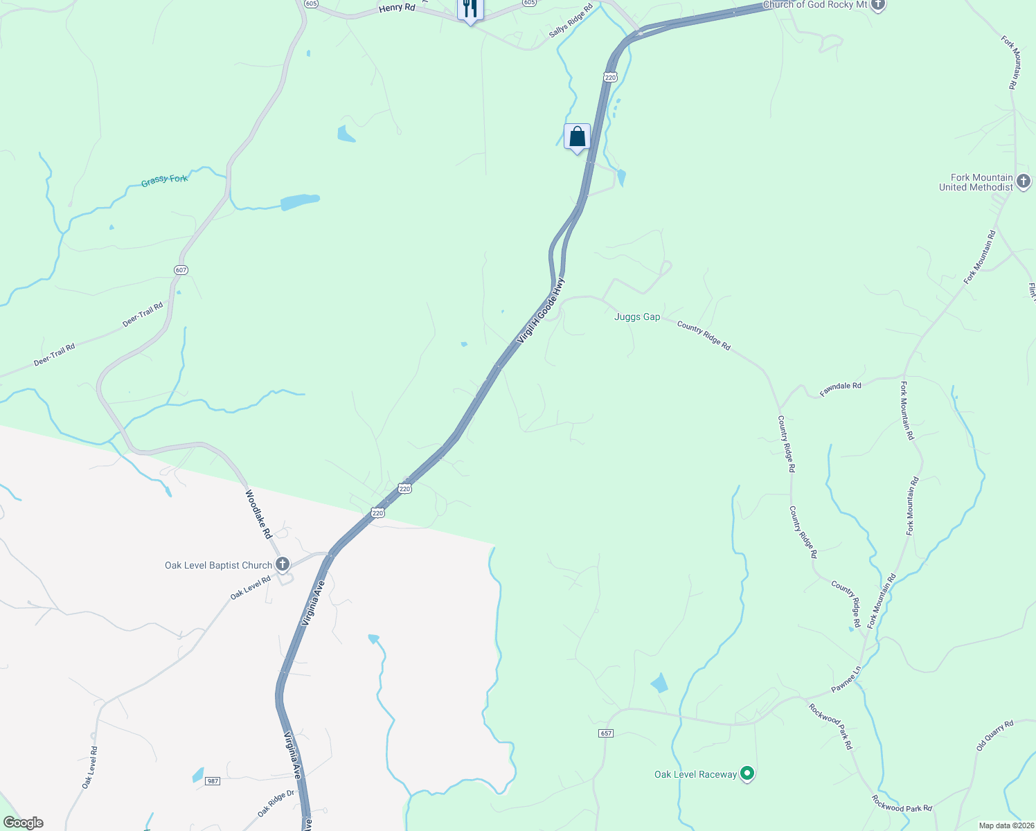 map of restaurants, bars, coffee shops, grocery stores, and more near 414 Orchard Acres Road in Bassett