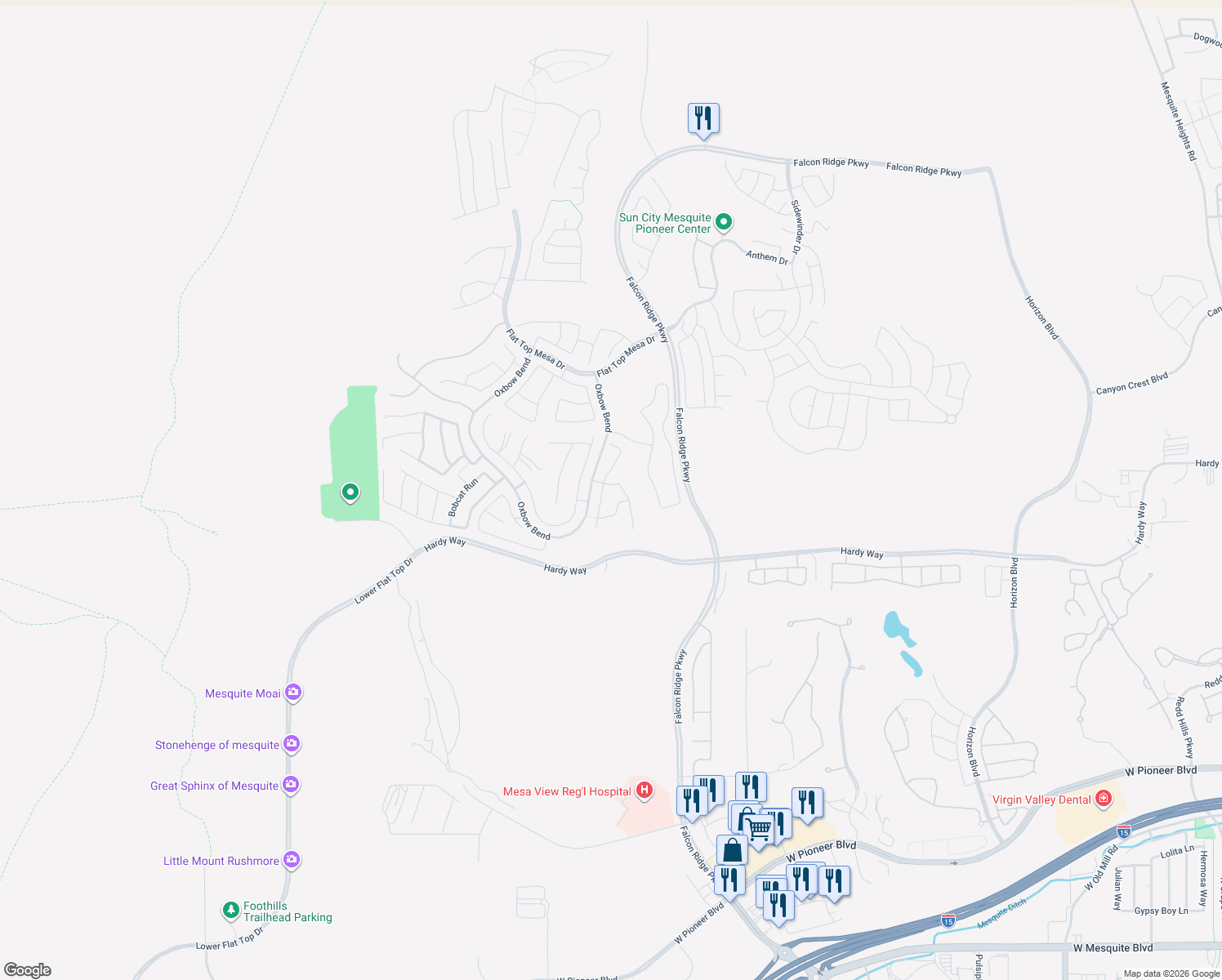 map of restaurants, bars, coffee shops, grocery stores, and more near 1338 Settlers Way in Mesquite