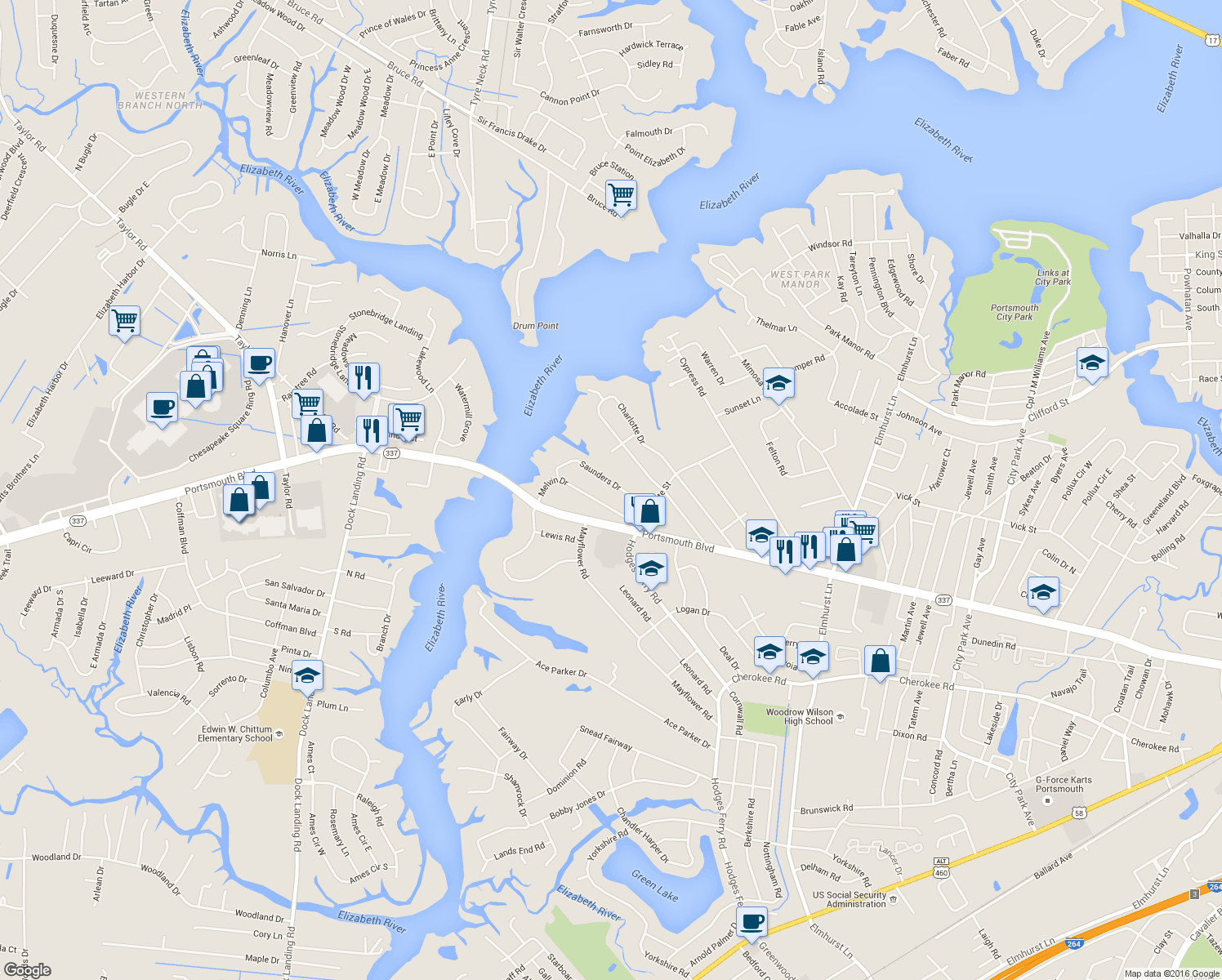 map of restaurants, bars, coffee shops, grocery stores, and more near 317 Saunders Drive in Portsmouth