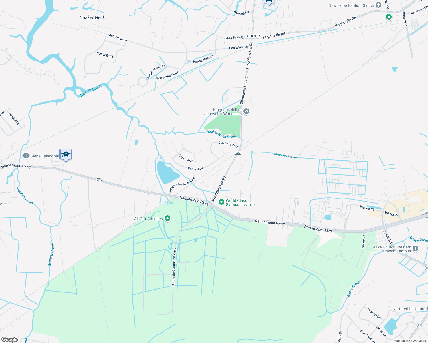 map of restaurants, bars, coffee shops, grocery stores, and more near 319 Page Pl in Suffolk