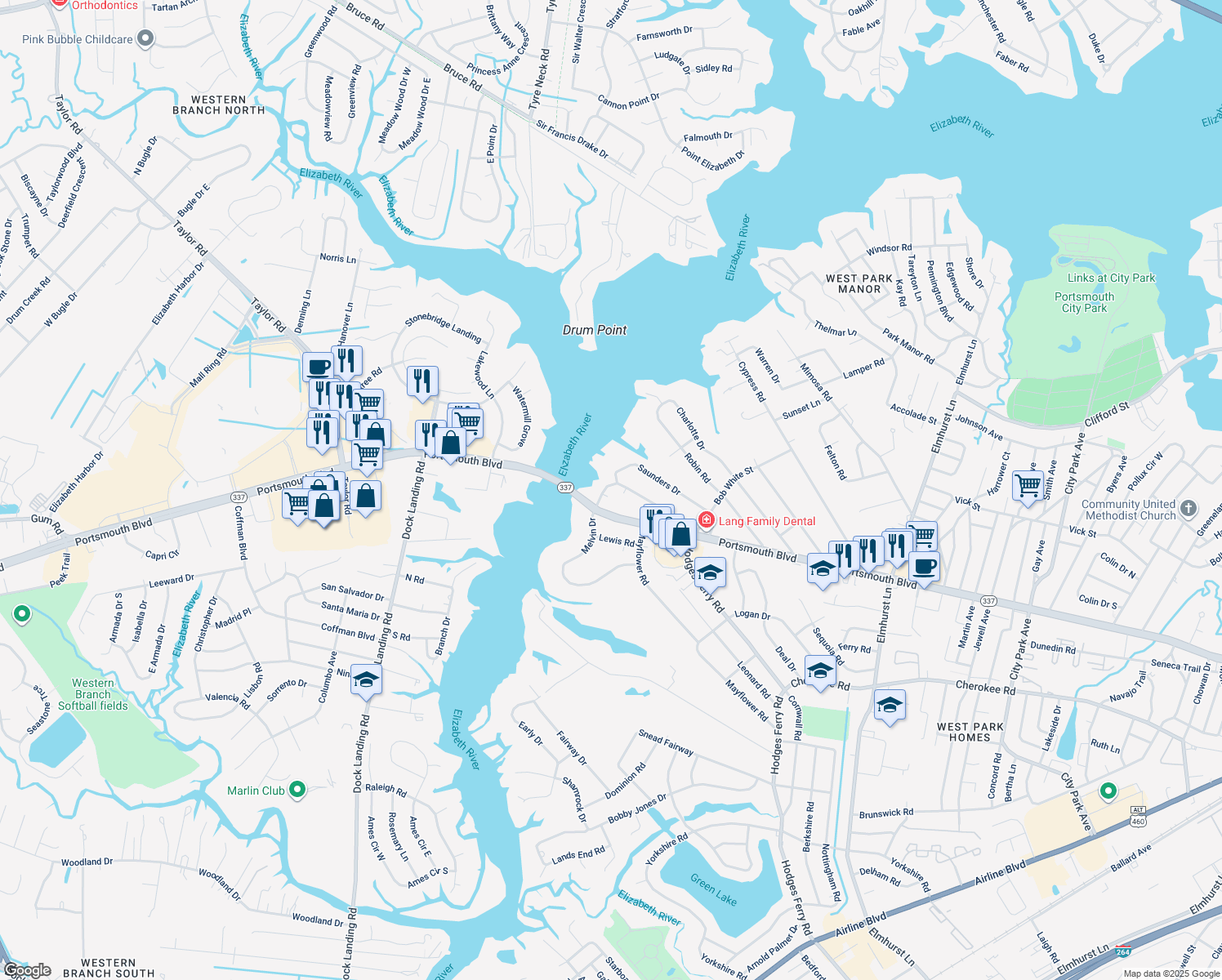 map of restaurants, bars, coffee shops, grocery stores, and more near 901 Melvin Dr in Portsmouth