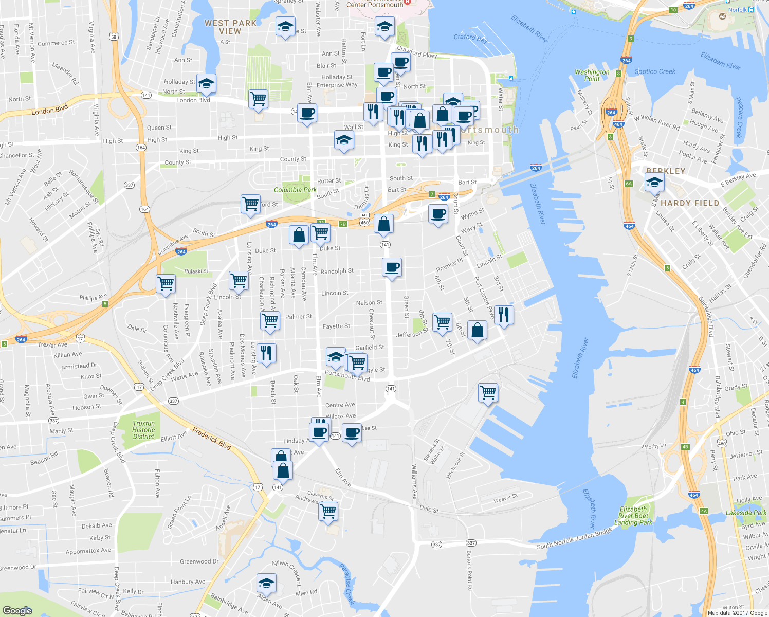 map of restaurants, bars, coffee shops, grocery stores, and more near 2006 Effingham Street in Portsmouth