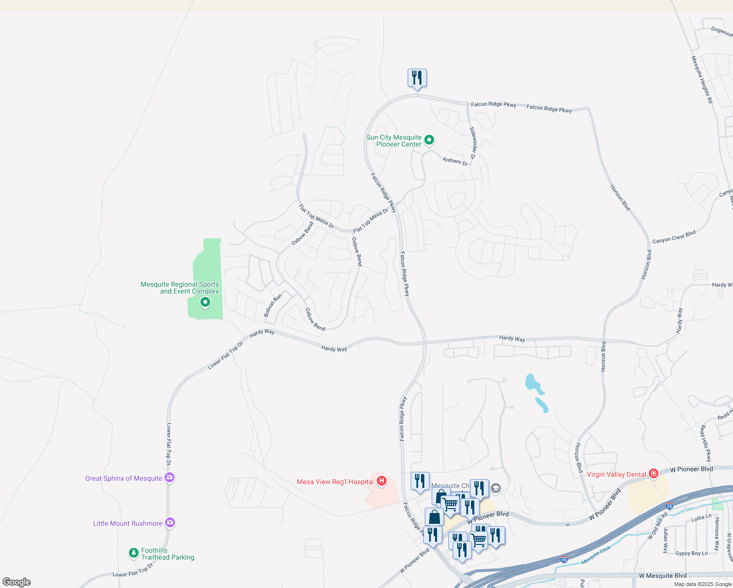 map of restaurants, bars, coffee shops, grocery stores, and more near 1315 Settlers Way in Mesquite