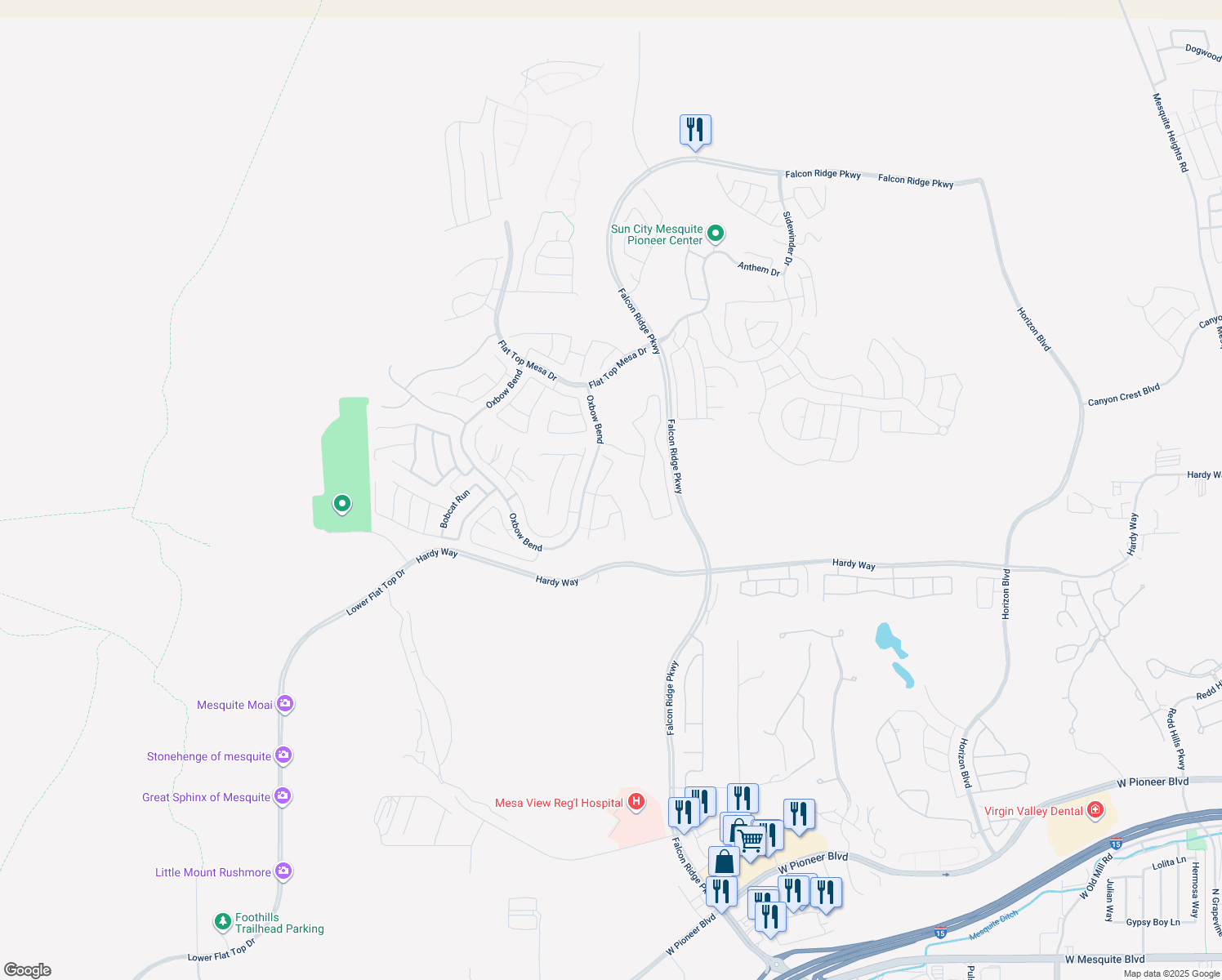 map of restaurants, bars, coffee shops, grocery stores, and more near 1315 Settlers Way in Mesquite